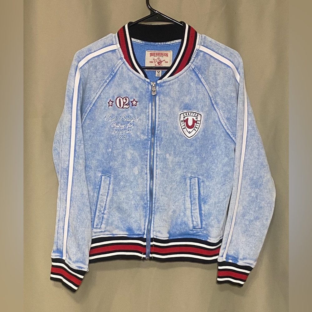 True Religion Washed Zip Up Track Fleece Jacket Pacific Coast Blue Women’s L